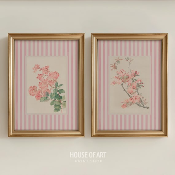 Hydrangea Prints, Love Shack Fancy Giclée Print, Pink Floral Poster, Nancy Meyers Aesthetic Striped Art, Preppy Coquette Wall Art Dorm Decor
