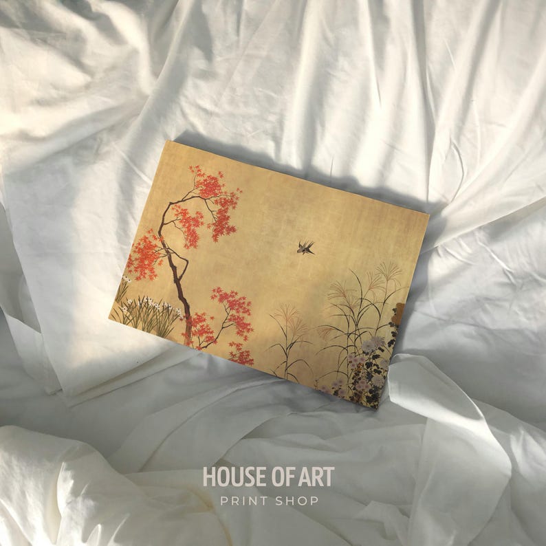 May include: A rectangular print with a Japanese-style landscape featuring a tree with red leaves, tall grasses, and a flying bird against a beige background. The print is on a white surface and has the text "HOUSE OF ART PRINT SHOP".