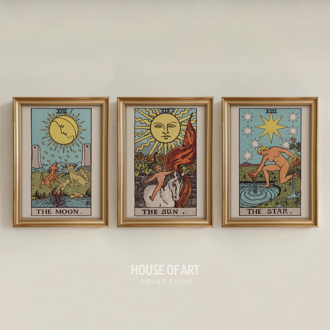Tarot Wall Art Triptych, Sun Moon Star, Vintage Tarot Cards Giclée ...