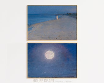 Set di 2 opere d'arte STAMPABILI, Galleria a parete Scene notturne sulla spiaggia Download istantaneo Stampa digitale, Pittura a olio Passeggiata serale estiva, Luna piena