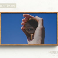 מסגרת סמסונג טלוויזיה אמנות 4K, צילום דיוקן של מראה דיגיטלי הורדה דיגיטלית, השתקפות אמנותית אשת עיניים, צילום יד שמיים כחול