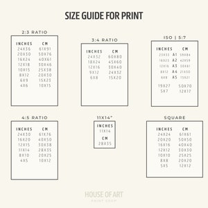 May include: A size guide for prints in inches and centimeters. The guide includes different aspect ratios, including 2:3, 3:4, 4:5, 11x14, ISO 5:7, and square. The guide also includes standard paper sizes like A1, A2, A3, A4, and A5.