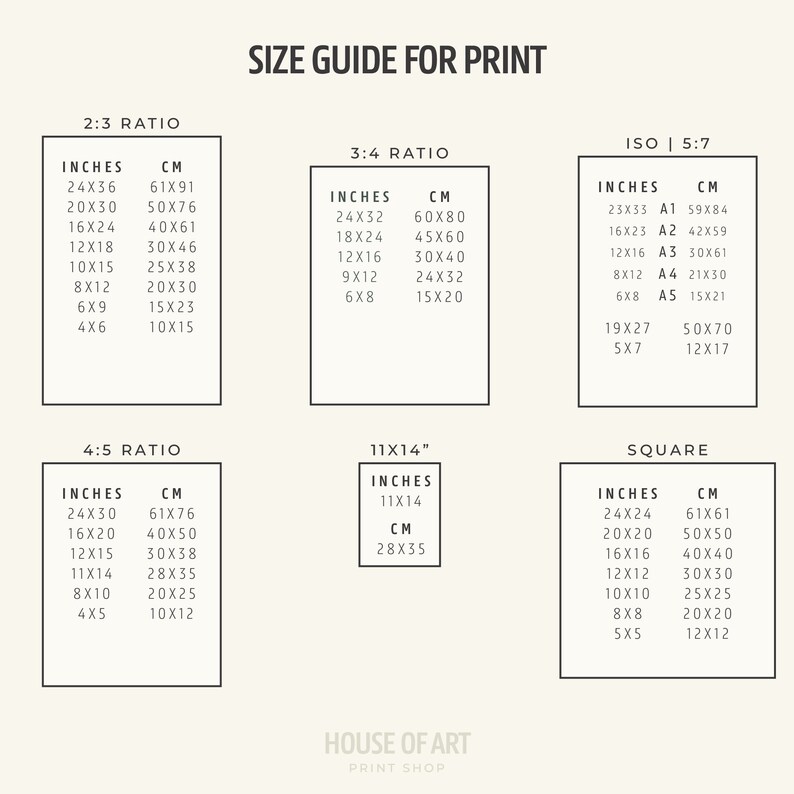 May include: A size guide for prints in inches and centimeters. The guide includes different aspect ratios, including 2:3, 3:4, 4:5, 11x14, ISO 5:7, and square. The guide also includes standard paper sizes like A1, A2, A3, A4, and A5.