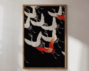 Cranes Print, Chinoiserie Art, Flying Cranes Japanese Textile Art, Wabi Sabi Wall Art, Japandi Bird Decor for Living Room Bedroom Office
