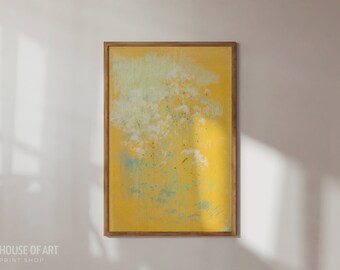 Abstract Flowers Yellow Watercolor Print, Vintage Wildflower Pastel Painting, Pretty Floral Nursery Art, Botanical Girl Bedroom Wall Decor