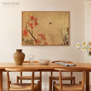 May include: A framed print with a Japanese landscape design, set against a gold backdrop. The artwork shows a tree with red foliage, a bird, and tall grasses. The text "HOUSE OF ART PRINT SHOP" is visible in the top left corner.