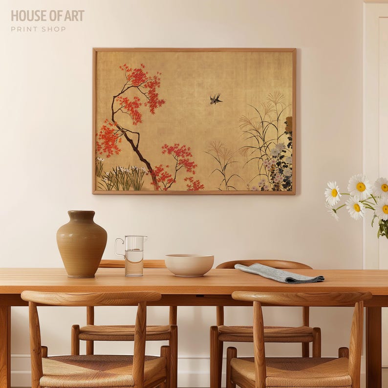 May include: A framed print with a Japanese landscape design, set against a gold backdrop. The artwork shows a tree with red foliage, a bird, and tall grasses. The text "HOUSE OF ART PRINT SHOP" is visible in the top left corner.