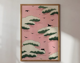 Watanabe Seitei Print, Pink Sky Art, Japanese Vintage Art, Birds Poster, Colorful Clouds Art, Ukiyo-e Art, Maximalist Kids Room Wall Decor