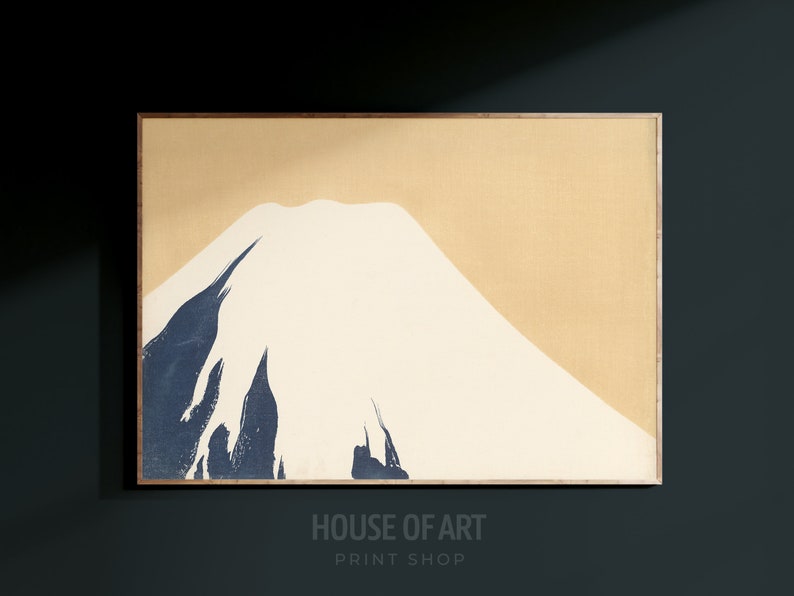May include: A minimalist print of Mount Fuji in blue and white on a beige background. The print is framed in a light wood frame.