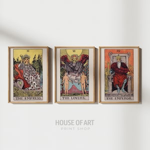 Juego de 3 láminas de cartas del tarot, cartas vintage del Emperador, los Amantes y la Emperatriz, decoración astrológica, lámina de arte espiritual, póster de tarot de Waite Smith Rider