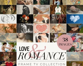 May include: A collage of 38 images depicting love and romance. The images feature paintings, drawings, and photographs of couples, hearts, and flowers. The text "LOVE & ROMANCE FRAME TV COLLECTION" is displayed at the bottom of the collage.