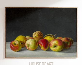 May include: A still life painting of a group of red and yellow apples and quinces on a white tablecloth. The fruit is arranged in a cluster, with some of the apples overlapping. The background is a dark, almost black, color.