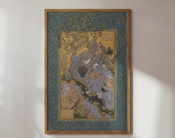 Conference of the Birds Print, Habiballah of Sava, Mughal Art Print, Traditional Persian Miniature Painting, Antique Iranian Book Poster