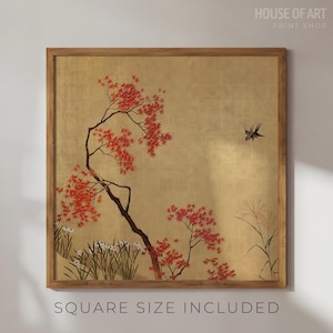 May include: A framed print depicting a Japanese landscape with red maple trees and a bird on a gold background. The artwork includes the text "HOUSE OF ART PRINT SHOP" and "SQUARE SIZE INCLUDED".