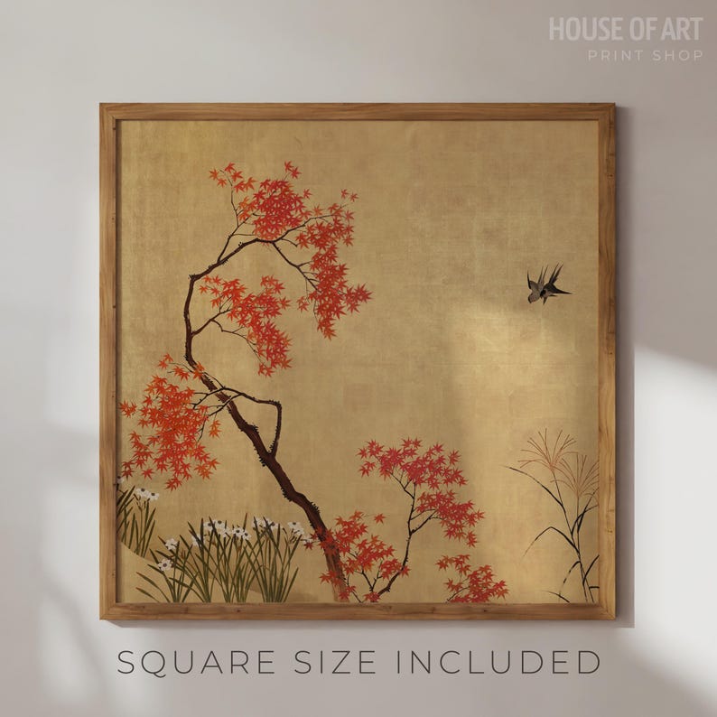 May include: A framed print depicting a Japanese landscape with red maple trees and a bird on a gold background. The artwork includes the text "HOUSE OF ART PRINT SHOP" and "SQUARE SIZE INCLUDED".