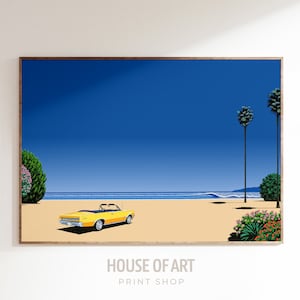 Póster de coche tropical, costa en Lover's Point, arte mural japonés retro, impresión de arte pop urbano, decoración de dopamina, arte mural playero, arte vaporwave