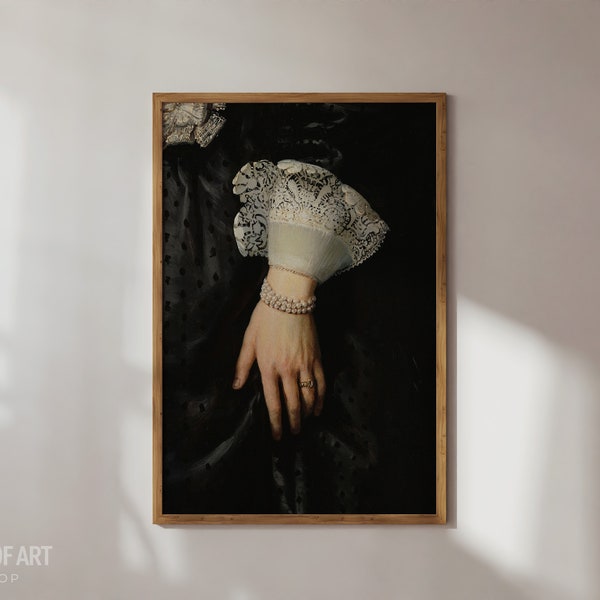 Antique Hand Detail, Moody Portrait Painting, Pearls and Lace, Victorian Woman Art, Dark Academia Decor, Baroque Print, PRINTABLE Wall Art