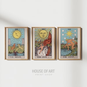 Juego de 3 láminas vintage de cartas del tarot, Sol, Luna y Estrella, póster de cartas del tarot, arte mural astrológico, decoración espiritual para el hogar, arte mural del tarot, arte del zodiaco