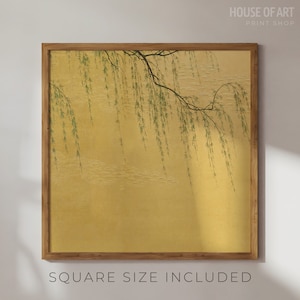 May include: A framed print of a Japanese-style painting featuring a weeping willow branch with green leaves hanging over a gold background.