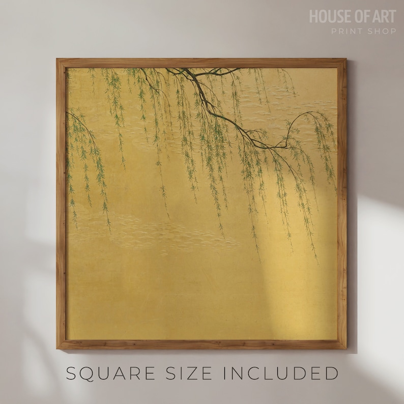 May include: A framed print of a Japanese-style painting featuring a weeping willow branch with green leaves hanging over a gold background.