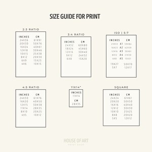 May include: A size guide for prints, showing different aspect ratios and their corresponding measurements in inches and centimeters. The ratios include 2:3, 3:4, 4:5, 11x14, ISO 5:7, and square.