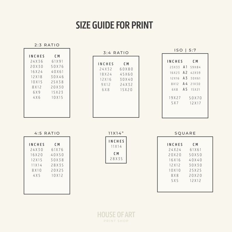 May include: A size guide for prints, showing different aspect ratios and their corresponding measurements in inches and centimeters. The ratios include 2:3, 3:4, 4:5, 11x14, ISO 5:7, and square.
