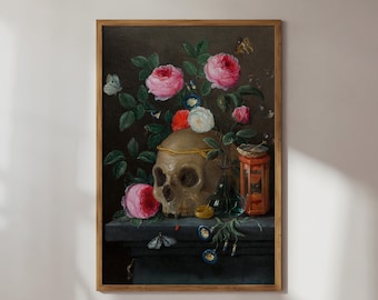 Arte de parede gótica, decoração de Halloween, pintura de caveira vintage, natureza morta Vanitas, pôster de caveira e rosas, decoração de casa sombria e temperamental, presentes de bruxaria