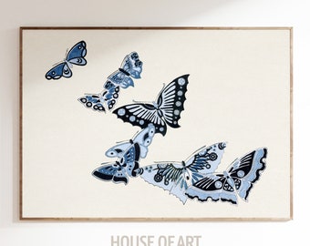 Butterfly Wall Art, Nursery Decor, Vintage Japanese Print, Blue Butterfly Printable Poster, Baby Girl Room Decor, Bedroom Decor