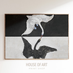 Impresión del cisne, Yin Yang, arte en blanco y negro, arte moderno orgánico, simbolismo, pintura antigua, impresión de pared de galería vintage, arte de pared imprimible