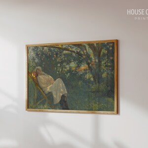 May include: A painting of a person relaxing in a chair in a garden setting. The person is wearing a white dress and is surrounded by lush greenery.