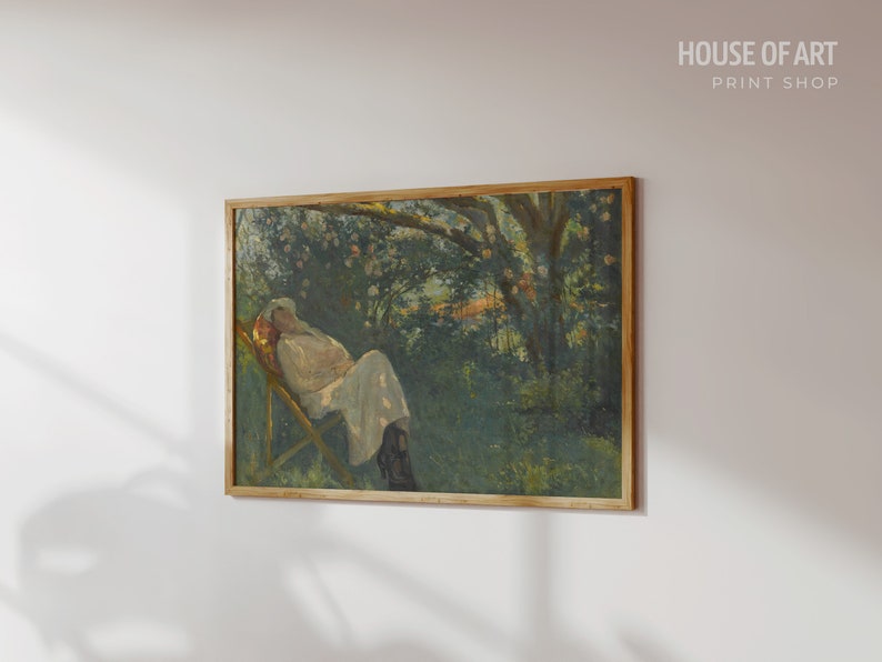 May include: A painting of a person relaxing in a chair in a garden setting. The person is wearing a white dress and is surrounded by lush greenery.