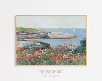 Poppies, Vintage Coastal Seascape, Isle of Shoals, California Poppy Art, Wildflower Print, Coastal Wall Art Vintage Summer Flowers Decor