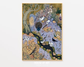 Conference of the Birds Print, Habiballah of Sava, Mughal Art Print, Traditional Persian Miniature Painting, Antique Iranian Book Poster