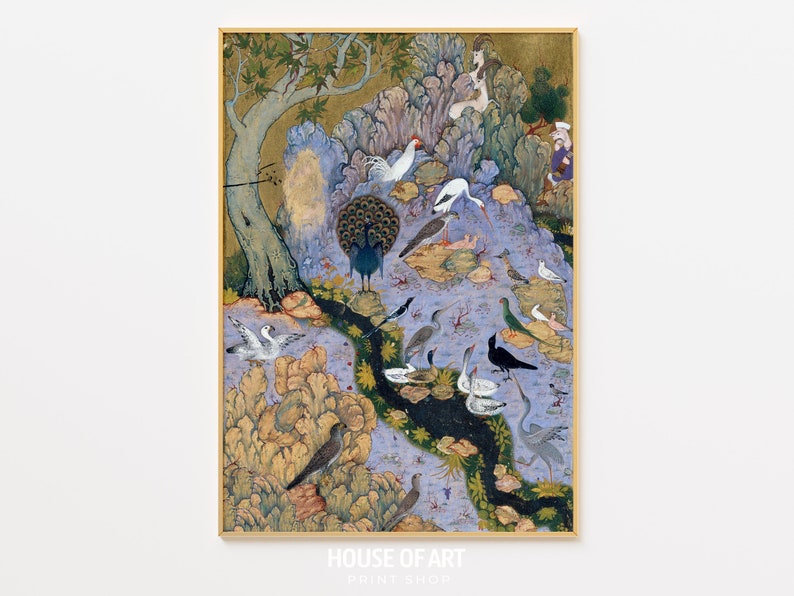 Conference of the Birds Print, Habiballah of Sava, Mughal Art Print, Traditional Persian Miniature Painting, Antique Iranian Book Poster image 1