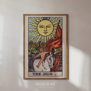 Impressão de carta de tarô do Sol, pôster de cartas de tarô do Sol, decoração espiritual para casa, arte astrológica, arte de parede de tarô, impressão de arte de bruxaria, ilustração do Sol
