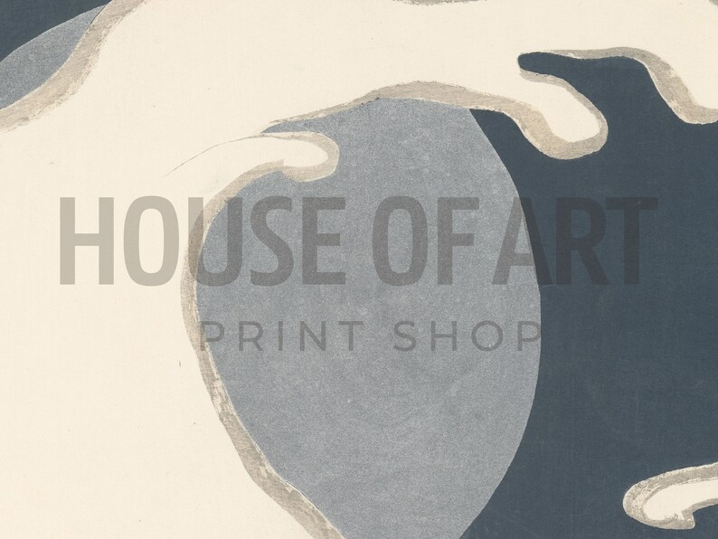 May include: Abstract art print featuring a white and gray design on a blue background. The print has a modern and minimalist aesthetic. The text "HOUSE OF ART PRINT SHOP" is visible in the lower center of the print.