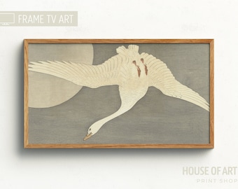 Vintage Bird TV Art, Japanese Goose Samsung Frame TV Art, Minimalist Moon Tv Art, Swan Screensaver, Night Art for the Frame TV