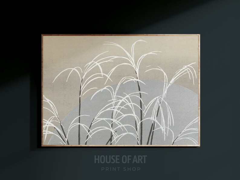 May include: A framed print of a minimalist abstract art design featuring white brushstrokes on a beige and gray background. The artwork depicts a stylized representation of tall grass or reeds.