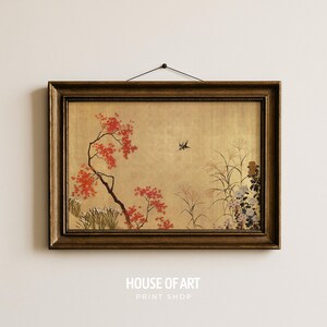 May include: A framed print with a Japanese landscape design, set against a gold backdrop. The image shows a tree with red foliage, a bird in flight, and other plants. The frame is dark brown. The text "HOUSE OF ART PRINT SHOP" is at the bottom.