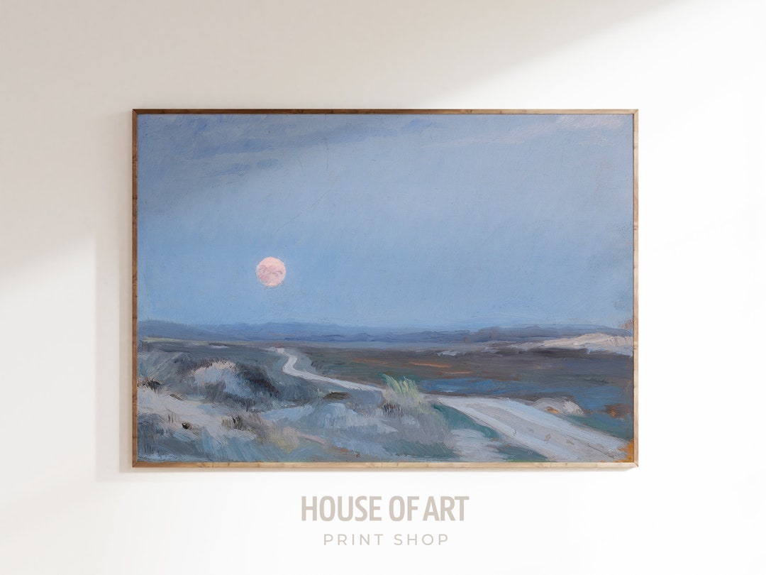 Vintage Full Moon Print, Night Landscape Wall Art, Moonlight Painting ...
