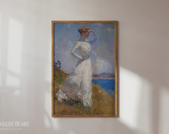 Vintage Fashion Print, Vogue Summer Poster, Woman at the Sea Painting, Preppy Beachy Wall Art, Polo Ralph Lauren Aesthetic Decor