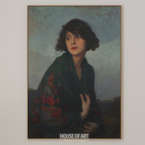 Vintage Portrait Painting, Young Woman Impressionist Oil Painting Moody Wall Art Dark Academia Decor, Cottagecore Bedroom Print Gift for Her