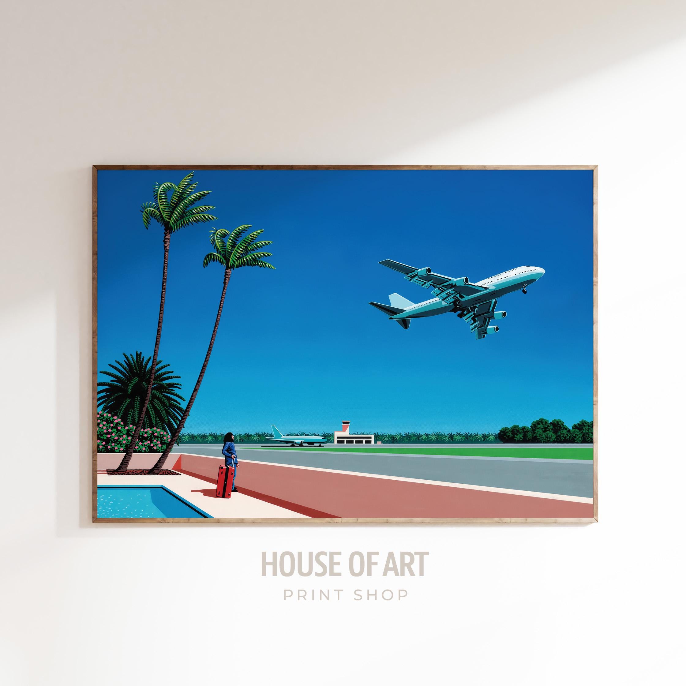 【額縁付き】 永井博（Hiroshi Nagai） A2ポスター 飛行機 永井博のレトロ空港アート、極上のブレーズ・テイクオフ・プリント