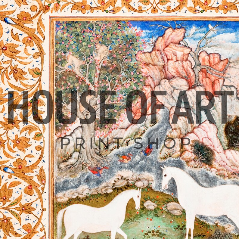 May include: An ornate print featuring a detailed illustration of a landscape with a waterfall, trees, and two white horses. The artwork has a vintage aesthetic with the text "HOUSE OF ART PRINT SHOP" overlaid on the image. The border has a gold floral design.