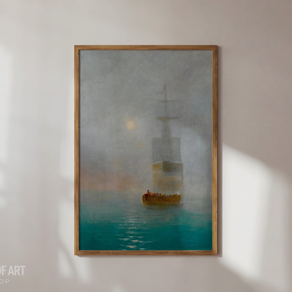 Voilier vintage en mer PRINTABLE Artwork, Misty Seascape Téléchargement instantané Impression numérique, Galleon Oil Painting, Sun Rising through Fog Art