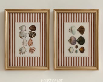 Oyster Prints, Old Money Aesthetic Wall Art, Nancy Meyers Striped Art Set of 2, Vintage Seashells Poster, Coastal Cowgirl Decor Beach House