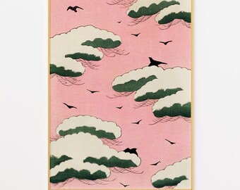 Pink Sky Print, Japanese Retro Poster, Birds in the Clouds Wall Decor, Vintage Japanese Wall Art, Pink Nursery Painting, Colorful Kids Decor