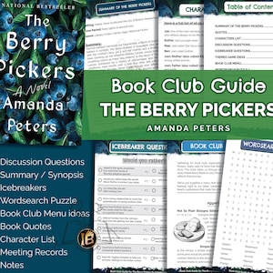 May include: A book club guide for "The Berry Pickers" novel by Amanda Peters. The guide includes discussion questions, a summary, icebreakers, a word search puzzle, and book club menu ideas. The cover features a blueberry design.