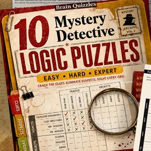 Puede incluir: Un paquete de 10 acertijos de lógica de detective misterioso con niveles de dificultad fácil, difícil y experto. El conjunto incluye archivos PDF imprimibles, pistas, listas de sospechosos, cuadrículas de evidencia y soluciones.