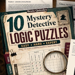 Mysterieuze detective- en logische puzzels voor volwassenen en tieners | Murdle hersenkrakers | Uitdagende digitale printbare PDF-puzzels